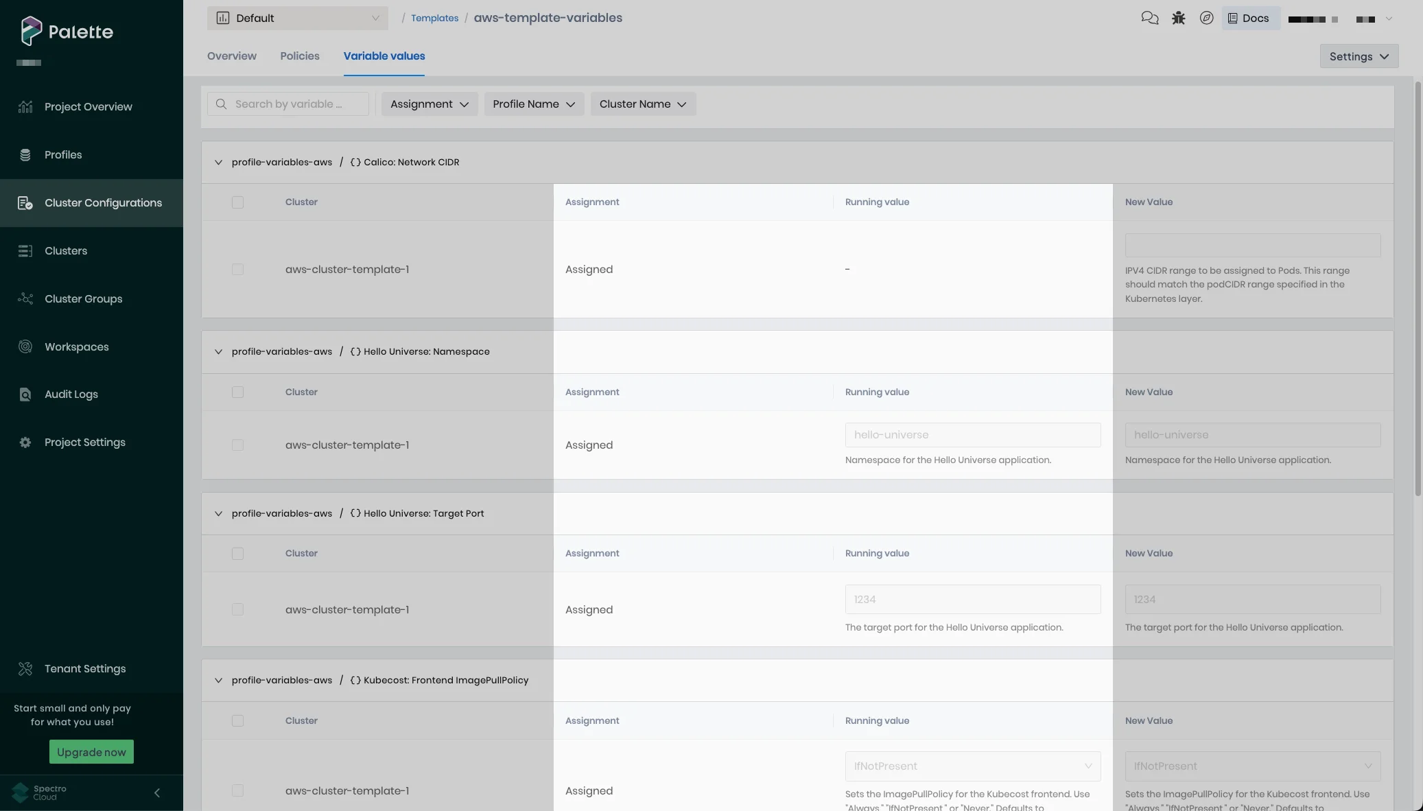 Variables with a status of Assigned and running values