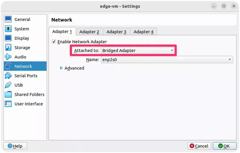 A screenshot of the VirtualBox VM network configuration.