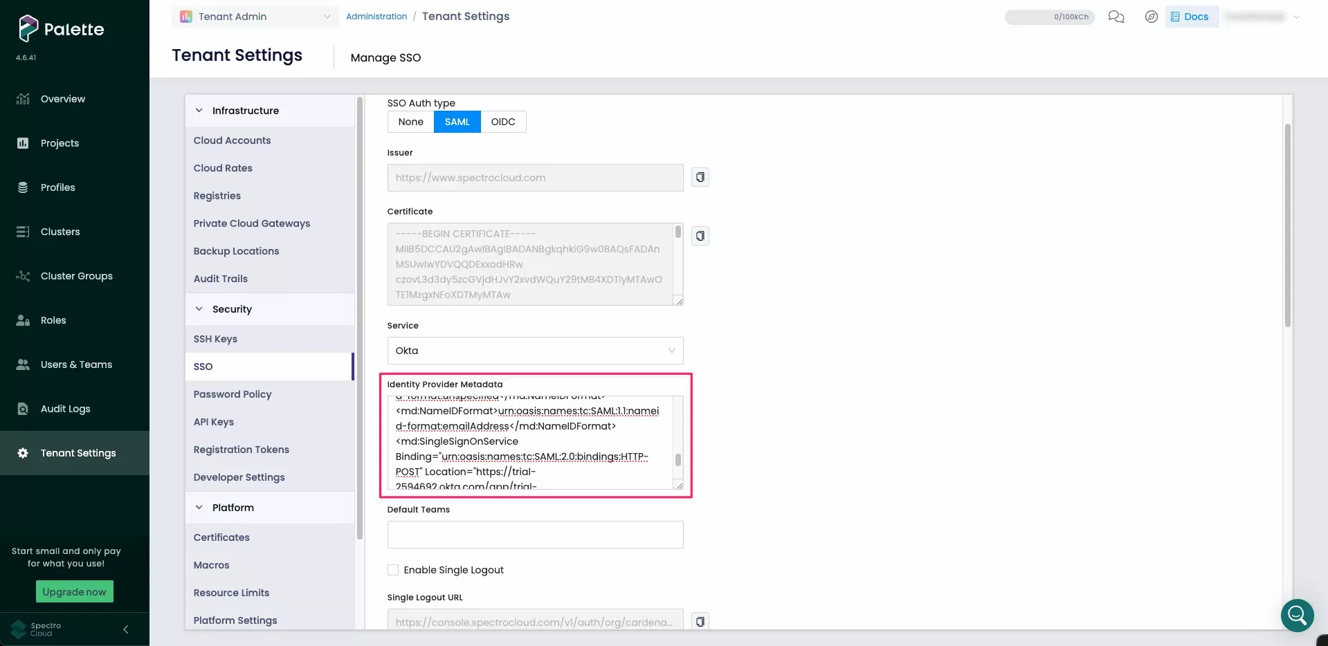 Paste Metadata in Palette SSO Manager